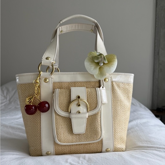 Coach Handbags - Coach Woven Straw Tote with White Trim - Neutral Summer Handbag